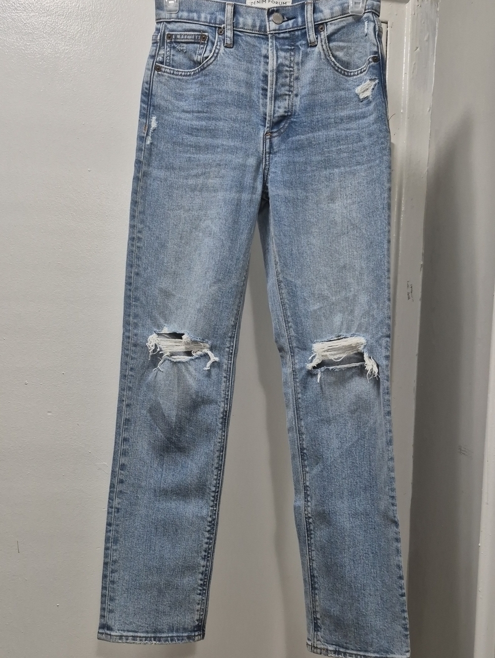 Denim Forum Light Blue Distressed Straight-Leg Jeans